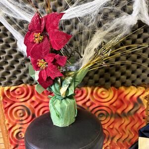 Faux Red green gold Poinsettia 14” flowers arrangement green vase